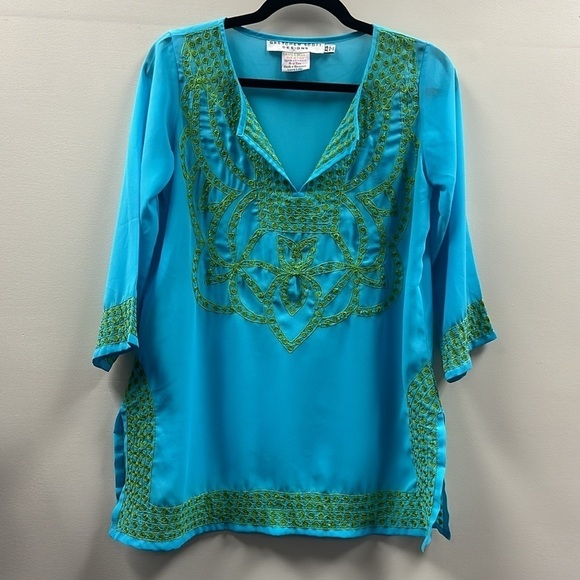 Gretchen Scott Designs Sheer Embroidered Tunic/Swim Coverup Blue & Green Size XS - Picture 1 of 6